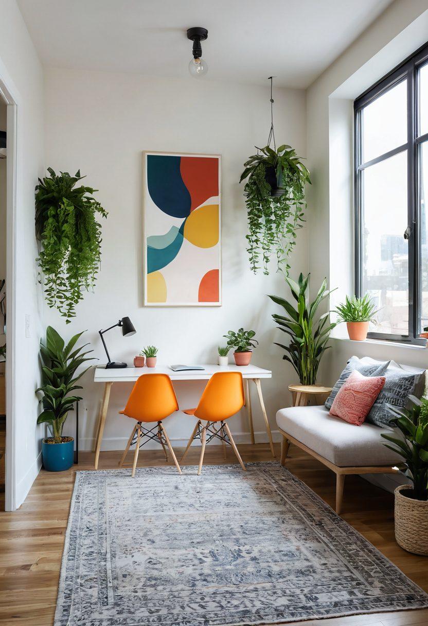 A cozy, well-organized living space featuring a modern minimalist design with a striking accent wall, colorful plants, and tasteful décor elements that enhance aesthetics. Include a sunlit window, stylish furniture, and a small workspace, all set in a vibrant yet soothing color palette. Emphasize a sense of spaciousness and comfort. super-realistic. vibrant colors. natural lighting.