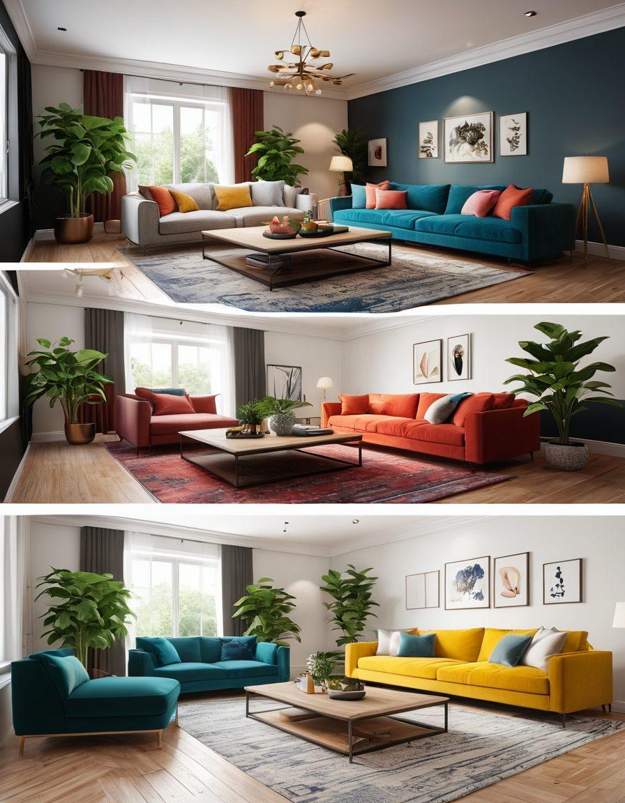A cozy and stylish living room transformation showcasing before and after renovation scenes. Include vibrant accents like wall art, modern furniture, and lush plants. Highlight an open space design that blends functionality and aesthetics. Use warm lighting to create an inviting atmosphere. super-realistic. vibrant colors. 3D.