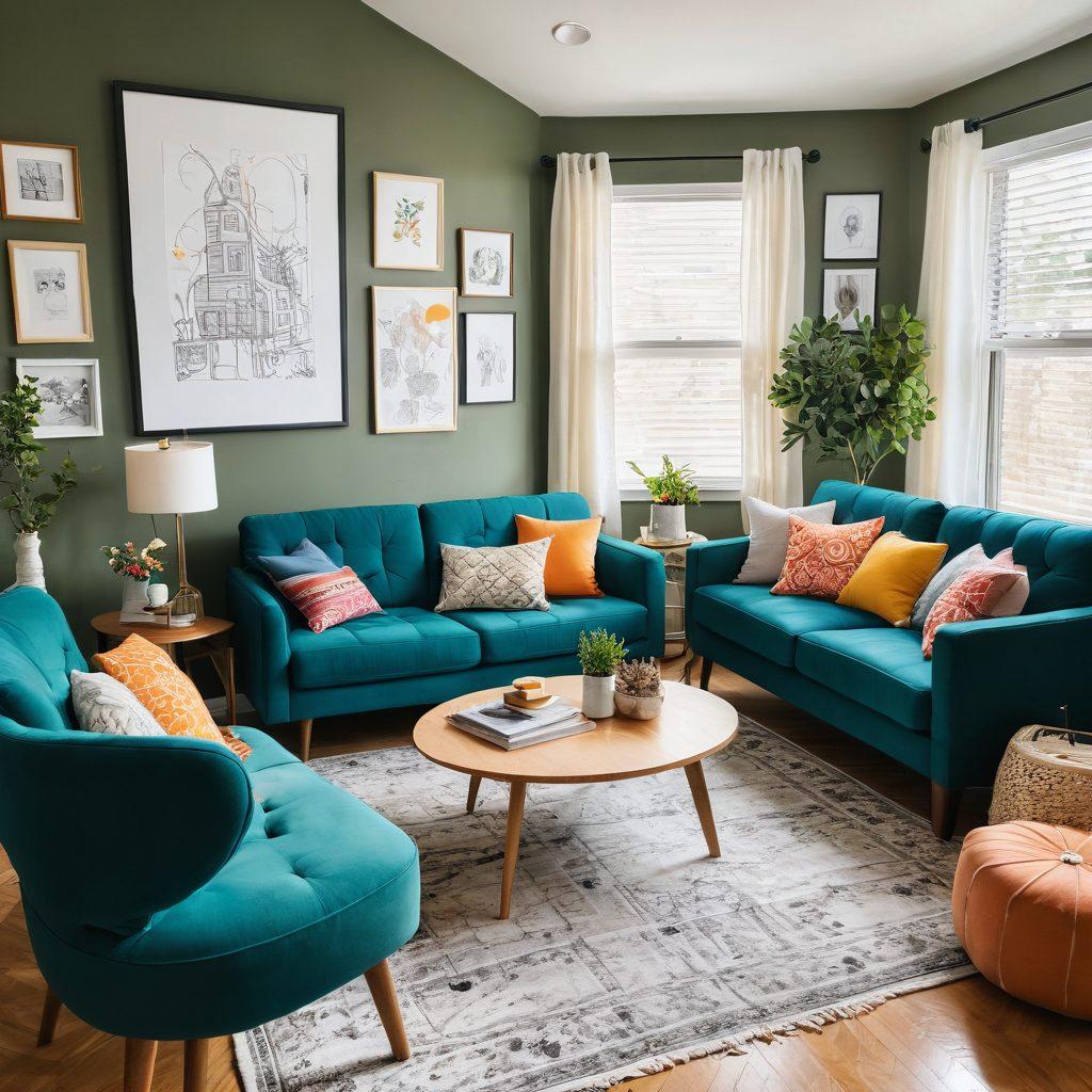 A cozy living room transforming from a cluttered space to a beautifully structured area, showcasing vibrant home decor, stylish furniture, and a transformation timeline. Include a designer sketching ideas in the corner and tools for home improvement scattered about. The background should show before and after images of home improvement. super-realistic. vibrant colors.